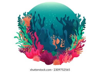 Ilustración de verano colorida con el mundo submarino, peces, arrecifes de coral, algas marinas, hermoso océano, vector