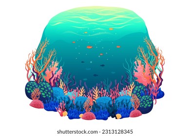 Colorful summer illustration with underwater world, fish, coral reefs, seaweed, beautiful ocean, vector