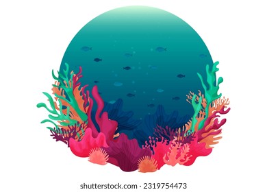 Colorful summer illustration with underwater world, fish, coral reefs, seaweed, beautiful ocean, vector