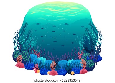 Colorful summer illustration with underwater world, fish, coral reefs, seaweed, beautiful ocean, vector