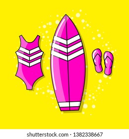 Colorful summer illustration. Vacation. Swim wear, serf board, flip flops - Vector