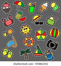 Colorful summer items icon with white dashed outline on grey background for summer concept