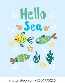 Colorful summer kids print featuring friendly sea life design. Vector illustration
