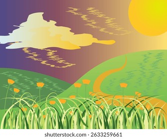 Colorful summer landscape with flowers, hills and bright sun. Summer landscape with blooming meadows. EPS 10.