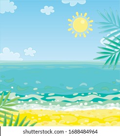 Colorful summer landscape with green palm branches over a golden sandy beach of a desert island in a tropical sea on a warm sunny day, vector cartoon illustration