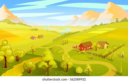 Colorful summer landscape template with beautiful tree green field farm river and mountains vector illustration