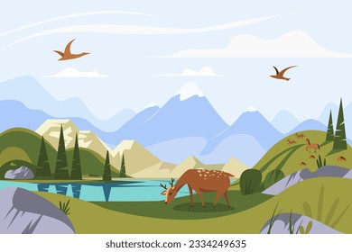 Colorful summer landscape vector illustration. Wild deer eating grass near lake, forests, mountains and animals in background. Summer, nature, wildlife, calming space concept