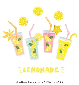 Colorful summer lemonade in glass glasses with flower, starfruit toppers, lemon slices and pink straws. Vector isolated illustration in cartoon funny flat style  with word inscription "lemonade"