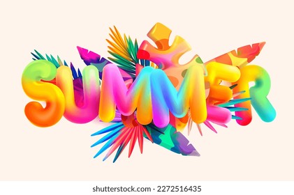 Colorful summer lettering design. Realistic tropical leaves with bright 3D inscription.