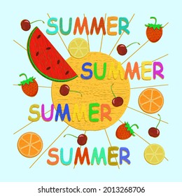 Colorful summer lettering emroibery word and fruits set. Vector summer set. For design.