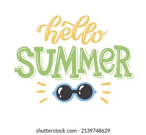Colorful summer lettering in modern style. Hand-drawn holiday decoration. Isolated vector illustration design with summer elements. Hello summer text. Vector typography.