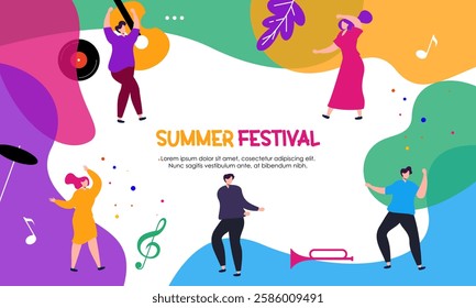 Colorful Summer Live Jazz Music Festival Concept Illustration. Design for Event Poster, Banner, Background, Wallpaper, Social Media Post and Many More. 