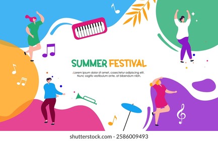 Colorful Summer Live Jazz Music Festival Concept Illustration. Design for Event Poster, Banner, Background, Wallpaper, Social Media Post and Many More. 