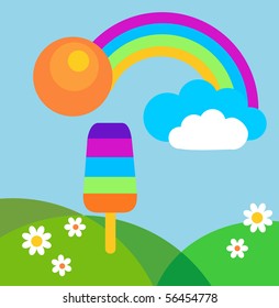 colorful summer meadow with rainbow and ice-cream