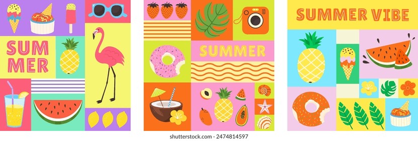  Bunte Sommer minimalistische geometrische Sommer-Karte. Heller tropischer quadratischer Banner mit Eis, Obst, anderen Elementen. Fröhliche Vorlage für Social Media Post Design. Vektorgrafik