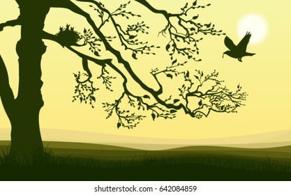 Colorful summer nature landscape background with bird flying to nest on tree vector illustration