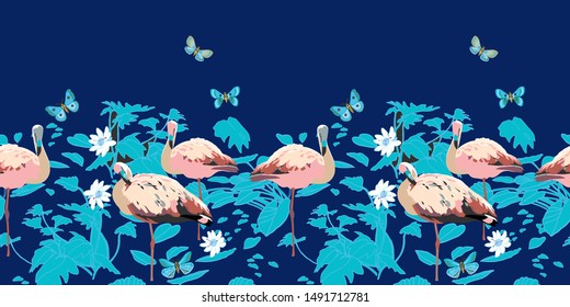 colorful summer night exotic jungle seamless border. Botanical leaf, line art etching style, in pastel blue tones. Cottage lake, fish, butterfly. For fashion, beach life, home decor, stationary.