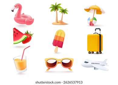 Objetos coloridos de verão em estilo 3d: mala, ilha tropical com palmeiras, bola de praia, guarda-chuva, flamingo flutuante, sorvete, frutas, bebida, óculos de sol e avião. Ilustração vetorial