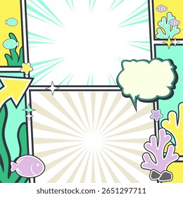 Colorful Summer Ocean Comic Template - Marine Life Poster Frame para conteúdo de mídia social ambiental