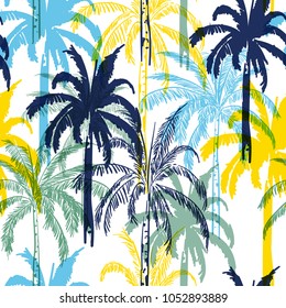 Colorful  summer palm trees on the white  forest  background. Vector seamless pattern. Tropical illustration. Jungle foliage for fashion and all prints