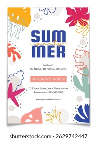 Colorful summer party flyer with abstract tropical leaves and shapes. Club event invitation poster template. Outlines of exotic plants, flowers, cactus, palm, monstera. Flat vector illustration.