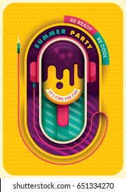 Colorful summer party poster design, with ice cream, headphones, text and other graphic elements. Vector illustration.