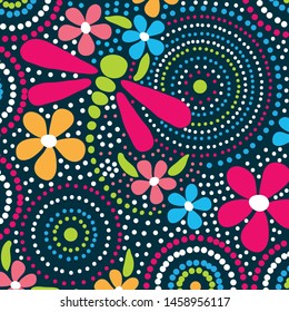 colorful summer pattern background with dragonfly and flowers vector illustration
