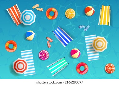 Colorful summer pattern with beach elements like umbrella, ball, waves. Print design, vector illustration