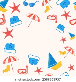 Colorful summer pattern with beach items like umbrellas, cameras, and starfish. Bright summer vibes with playful beach elements in red and blue. Frame vector with copy space.