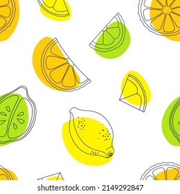 Colorful summer pattern with citrus yellow lemons, orange oranges, green limes, fruits with black outline