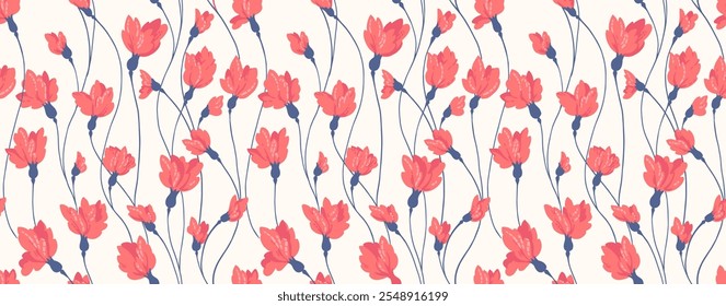 Padrão de verão colorido com hastes de florais entrelaçados criativos . Ramos abstratos com pequenos botões de flores fundo sem costura. Desenho de mão vetorial. Ornamento simples para desenhos, impressão, têxteis, tecido