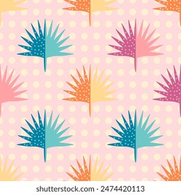 Colorful summer pattern with decorative tropical leaves on polka dot background