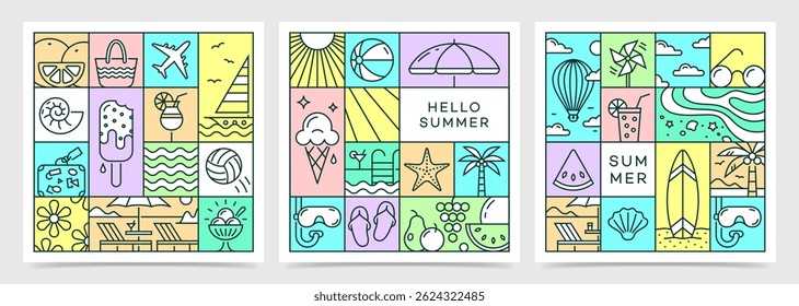 Colorful summer pattern design collection for cover, card, web banner, poster, brochure. Vector illustration in minimalistic line style.