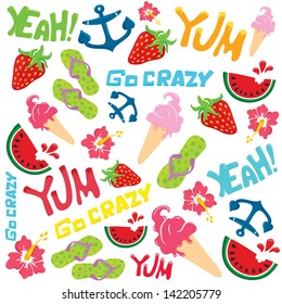Colorful summer pattern design. On white background. seaHandmade lettering words. Vector illustration.