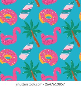 Padrão de Verão Colorido com Flamingos, Palm Trees, Donuts e Surfboards. Padrão brilhante e vibrante sem emenda com elementos com tema de verão, como flamingos cor-de-rosa, palmeiras, rosquinhas e surfboa