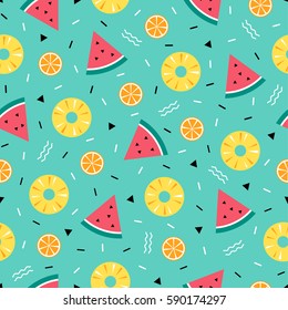 Colorful summer pattern with fruits and geometric elements in memphis style background