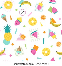 Colorful summer pattern with fruits, ice cream and geometric elements in memphis style background