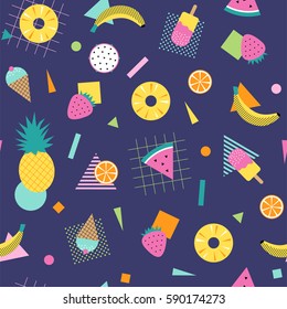 Colorful summer pattern with fruits, ice cream and geometric elements in memphis style background