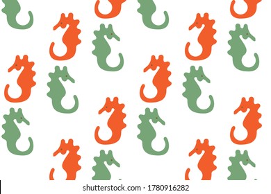 Colorful summer pattern with hand drawn seahorse. Vector background illustration with orange, turquoise colors