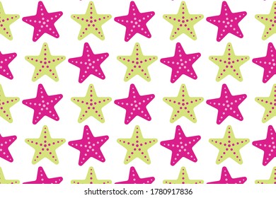 Colorful summer pattern with hand drawn starfish. Vector background illustration with pink, yellow color