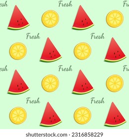 Colorful summer pattern with lemon and watermelon. Green and red colors. Vector illustration.