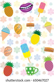 Colorful summer pattern with pineapples, ice cream, sandwiches, tea Memphis style 