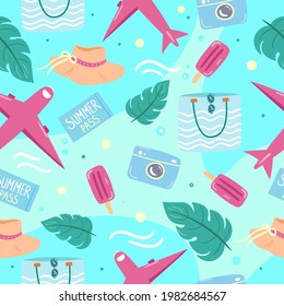 Colorful summer pattern with planes, beach bag, icecream and different vacation accessories. Seamless background in flat style. Vector illustration. 