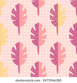 Colorful summer pattern with tropical leaves on polka dot background