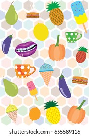 Colorful summer pattern with vegetables, fruit, ice cream, sandwiches, tea Memphis style