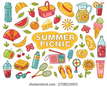 Colorful summer picnic, collection of elements in hand-drawn doodle style. Vector set shows food, drinks, and picnic basket elements, perfect for family vacation designs and kids-friendly seasonal graphics.