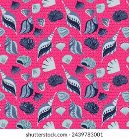 Colorful summer pink seamless pattern with creative shapes blue sea shells. Vector hand drawn. Abstract artistic ocean shell printing. Template for designs, notebook cover, wrapping paper, exotic 