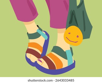 Colorful Summer Platform Sandals. Bright cartoon-style illustration of legs in multicolored platform sandals and pink pants, with a green bag and smiley keychain. Flat design, vibrant colors, centered