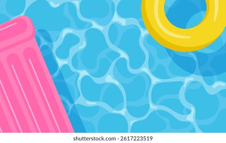 Colorful summer pool background with inflatable mattress and swimming ring. Vector illustration featuring water texture for banners, cards, flyers and social media.