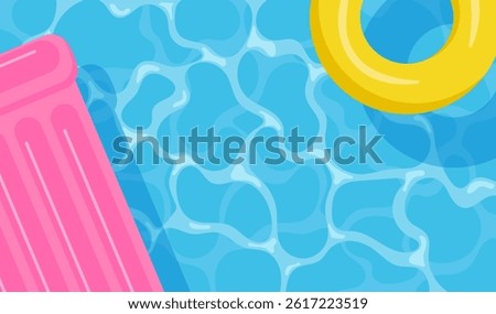 Colorful summer pool background with inflatable mattress and swimming ring. Vector illustration featuring water texture for banners, cards, flyers and social media.